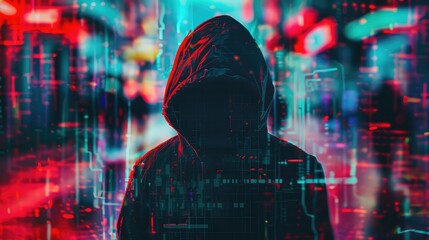 An unrecognizable hooded hacker with glitch effects. AI generated.