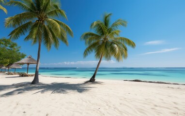 Fototapeta premium A photo of a beach with palm trees and a hut, capturing the essence of a tropical paradise.