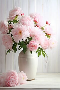 Peonies on a white wooden background