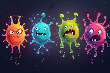 Viruses, bacteria with grimaces in cartoon style