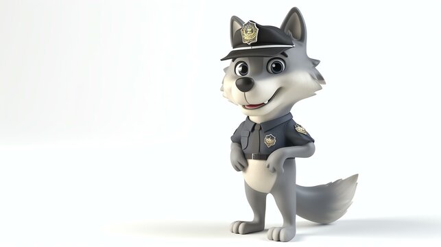 A charming 3D wolf sporting a security guard uniform stands attentively against a clean white background. This adorable character ensures utmost safety with its watchful eyes and diligent de