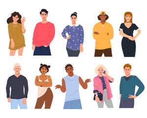 A collection of diverse multicultural multinational men and women in different poses. Modern young female and male characters in a flat style. Vector cartoon illustration