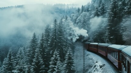 a train traveling through a foggy forest filled with lots of trees and a forest filled with tall pine trees.
