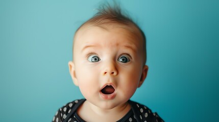 Cute and curious baby with a priceless surprised face expression, captured in high definition against a vibrant blue background. Perfect for showcasing innocence, wonder, and discovering lif - obrazy, fototapety, plakaty