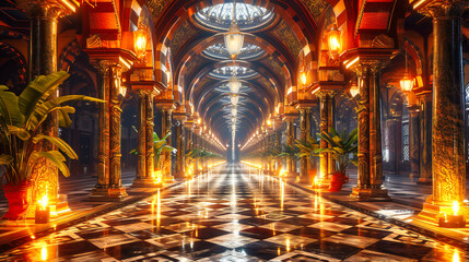 Historical Palace Corridor, Rich Cultural Heritage and Architectural Beauty, Illuminated Interior View