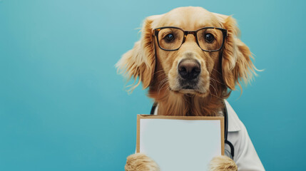 Golden retriever dog in glasses dressed as a vet doctor, holding a blank sign mock-up with space for text on blue background, template for veterinary clinic messages about pet health.