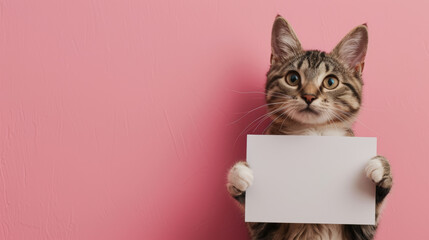 Tabby cat holds a blank white sign mock-up on pink background with copy space for text, template for vet clinic, pet store or adoption messages.