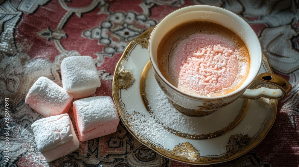 Poster a cup of hot chocolate and marshmallows on a saucer on a tablecloth with a pattern.