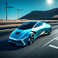 : A sleek and futuristic electric car zooming down a sun-drenched highway, with wind turbines--3:2--v4 