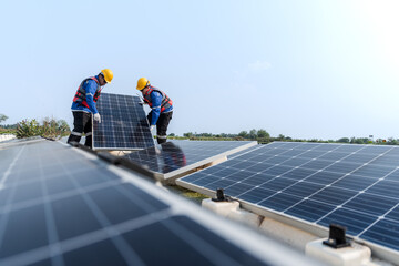 Photovoltaic engineers work on floating photovoltaics. workers Inspect and repair the solar panel equipment floating on water. Engineer working setup Floating solar panels Platform system on the lake.