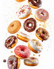 Fototapeta na wymiar Donuts falling advertising shooting; a series of photos from above in flight with copy space, isolated on white background concept for fast food restaurant ads