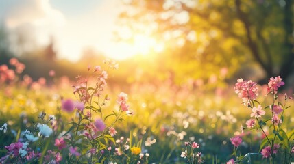 Flower field with bright sunshine. AI generated.