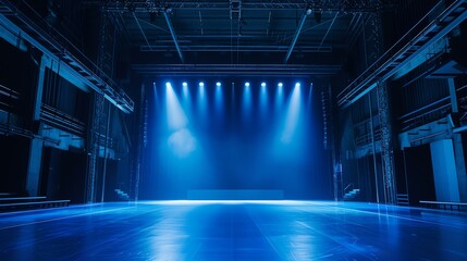 A captivating, atmospheric blue-lit stage awaits its performers, exuding anticipation and mystery. - obrazy, fototapety, plakaty
