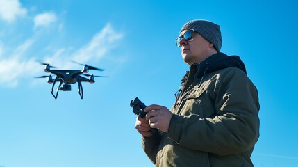 A skilled and dedicated drone operator maneuvers the remote control, his eyes fixed on the high-altitude sky. Embark on a thrilling journey through this captivating image capturing the excit