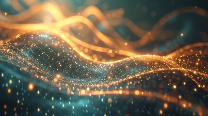 Abstract digital waving glowing particles background. AI generated.