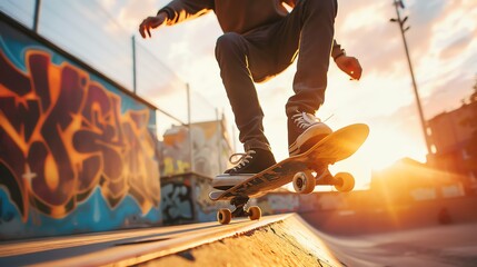 A thrilling snapshot of urban skateboarding captured mid-trick, set against a vibrant backdrop of...
