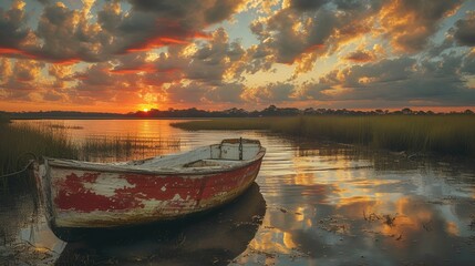 Fototapeta premium Marsh - old boat - sunset - golden hour - sunset - inspired by the sights of Charleston South Carolina 
