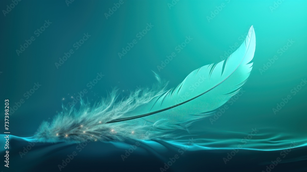 Poster a close up of a white feather on a blue and green background with a blurry image in the background.