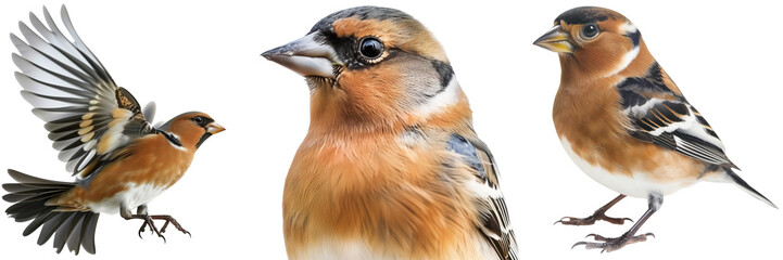 Chaffinch bird bundle, flying, portrait and standing, isolated on a transparent background - obrazy, fototapety, plakaty