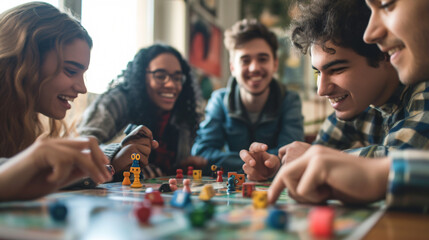 A cheerful group of friends gathered around a coffee table, engrossed in a lively board game session. Laughter fills the air as they strategize and enjoy each other's company, creating cheri