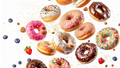 Donuts falling advertising shooting; a series of photos from above in flight with copy space, isolated on white background concept for fast food restaurant ads