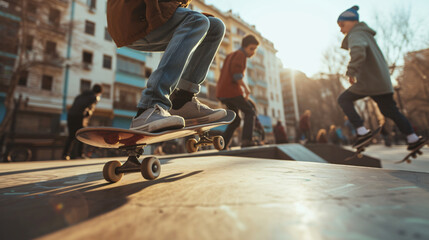 A vibrant snapshot capturing the essence of youth culture and freedom, as a dynamic group of teenagers showcase their skateboarding skills against an urban backdrop. The image radiates energ - obrazy, fototapety, plakaty