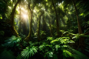 A lush, tropical rainforest with sunlight filtering through the dense canopy.