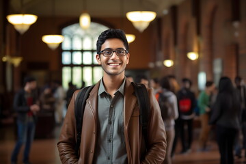 indian student man portrait on university corridor