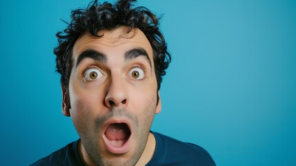 A man with an astonished expression, his eyes wide open and mouth agape, against a vibrant blue background. Perfect for capturing shock, surprise, disbelief, or unexpected moments. Expressiv - obrazy, fototapety, plakaty
