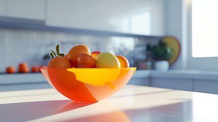 A striking minimalist kitchen scene featuring a captivating, brightly colored fruit bowl as the...