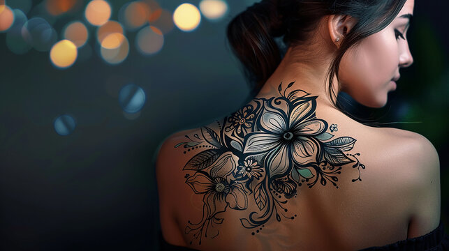Maquete de desenho de tatuagem no ombro de uma mulher