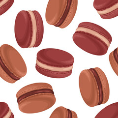 Chocolate macaroon cookies seamless pattern. Vector cartoon illustration of French dessert. Sweet food background.