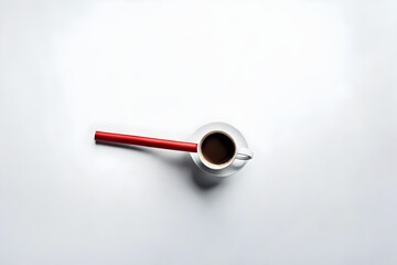 A commercial photoshoot top down side view of a sleek matte coffee cup with a bit red dynamite stick sticking out of it, set against a clean white background