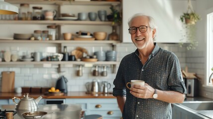 A cheerful senior man radiates happiness as he holds a steaming cup in the sleek ambiance of a modern kitchen. - Powered by Adobe