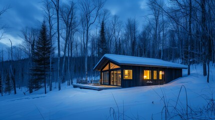 A magical winter scene unfolds as twilight blankets a serene cabin nestled in a snowy landscape. Warm lights spill from the cabin's windows, beautifully contrasting against the cool blue ton