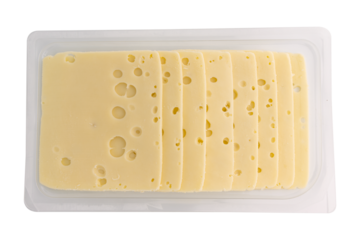 sliced cheese in plastic package isolated on white