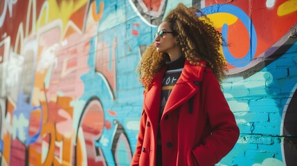 Vibrant graffiti wall creates an electric backdrop for a street-style fashion shoot. Bright...