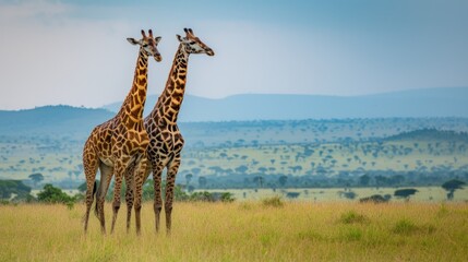 Obraz premium a couple of giraffe standing next to each other on a lush green field with mountains in the background.