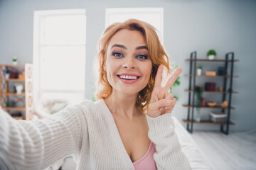 Photo of positive nice lady beaming smile take selfie demonstrate v-sign spacious living room flat indoors