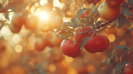 A tree branch with several apples, some of which are bright red. The background is a blur of bright...