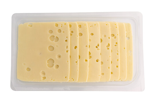 sliced cheese in plastic package isolated on white