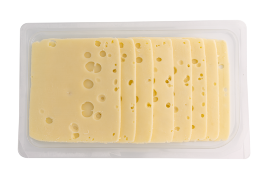 sliced cheese in plastic package isolated on white