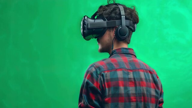 A man wearing a VR headset against a green screen background