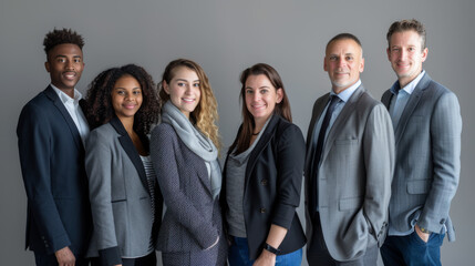 Fototapeta premium diverse group of business professionals smiling and posing for a group photo, likely representing a collaborative and inclusive corporate team.