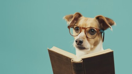 dog with glasses reading a book on a light blue background
