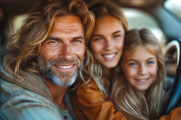 Happy european family of three riding car, traveling by automobile together, parents and daughter enjoying road trip on weekend