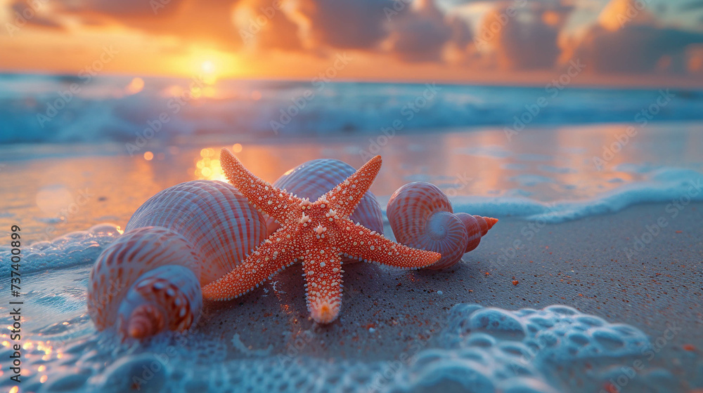 Canvas Prints a starfish and seashells resting on the sandy shore with ocean waves and a warm sunset in the backgr