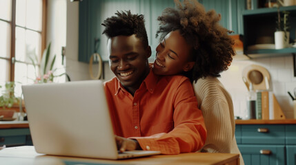 A cheerful couple is together looking at a laptop screen in a bright kitchen setting, sharing a moment of enjoyment and connection.