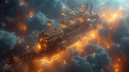 Steampunk airship with neon engines gliding through clouds
