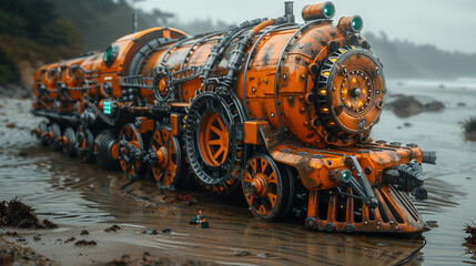 Peculiar steampunk contraption with neon gears on an isolated beach